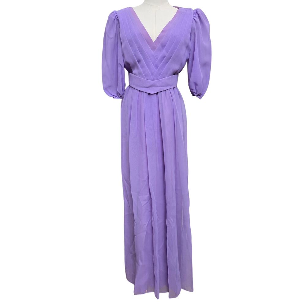 Dessy Creations Vintage 70s Purple Sheer Chiffon Pleated Puff Sleeve Gown 10